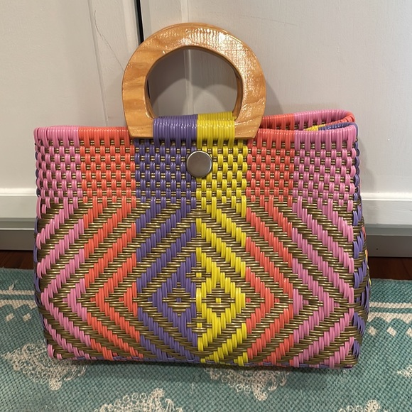 Multi colored woven wood handle purse - Picture 10 of 11